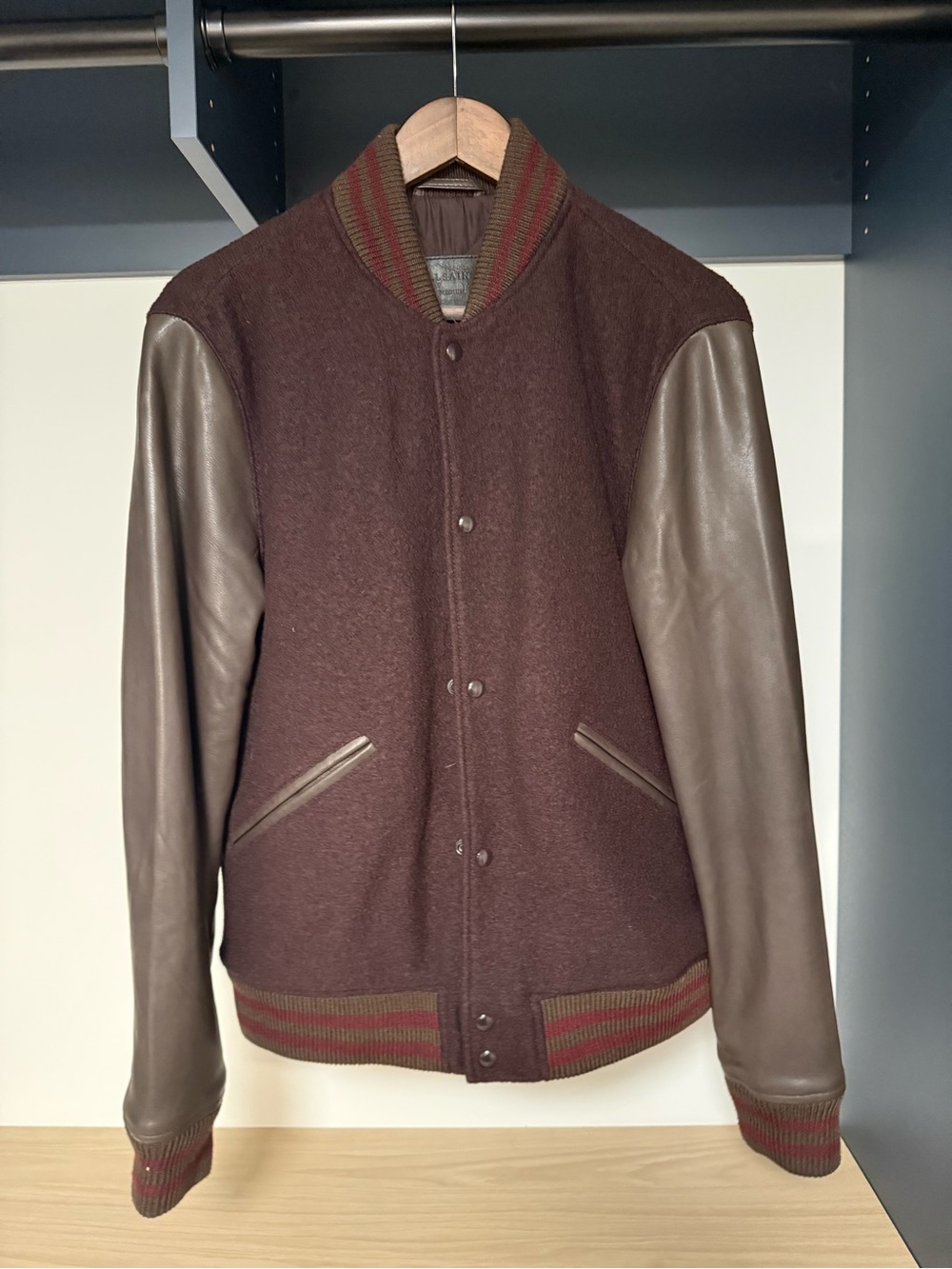 AllSaints men’s wool and leather varsity jacket